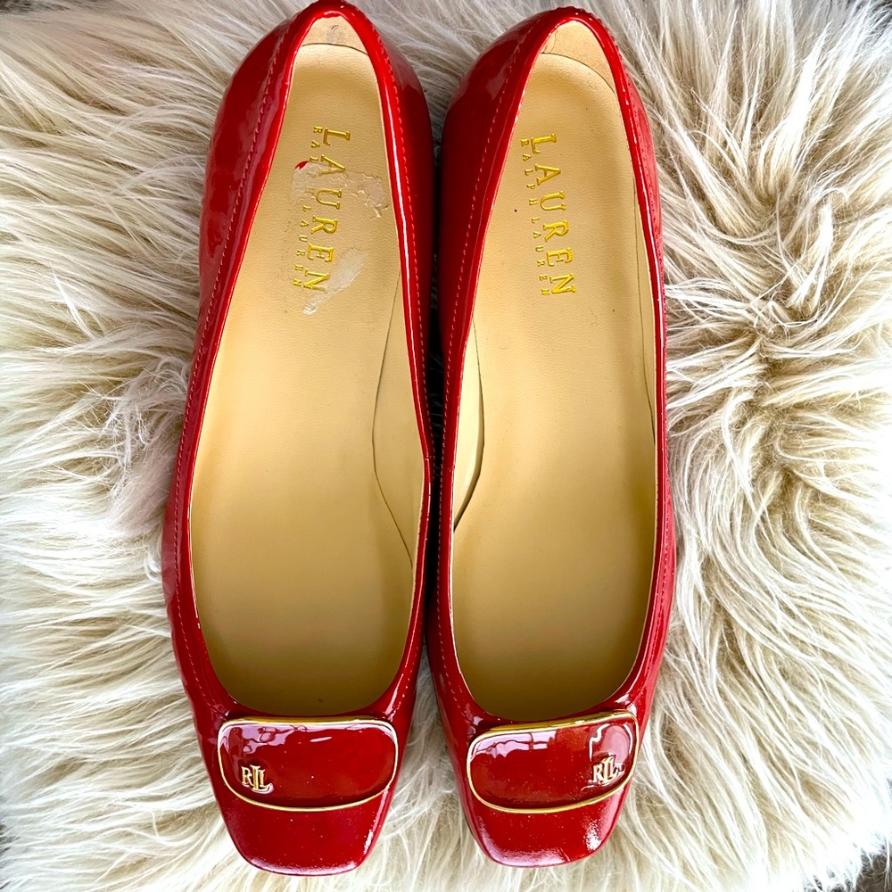 Lauren Ralph Lauren Red Patent Leather Ballet Flats with Gold RL Accent